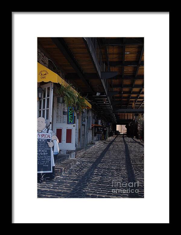 Cobblestone Cafe Exterior in Alley - Framed Print