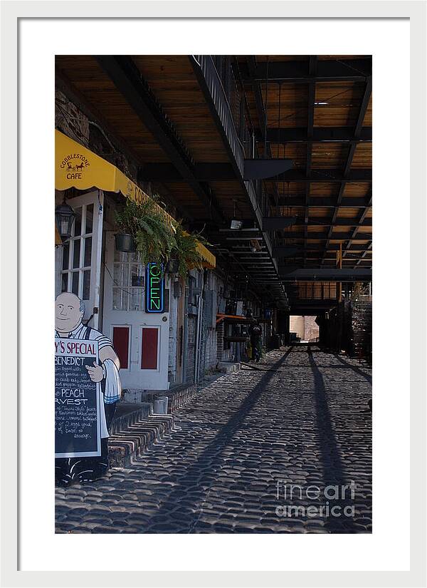 Cobblestone Cafe Exterior in Alley - Framed Print