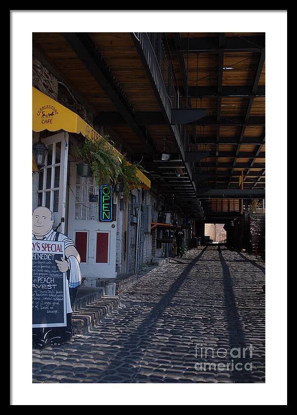 Cobblestone Cafe Exterior in Alley - Framed Print