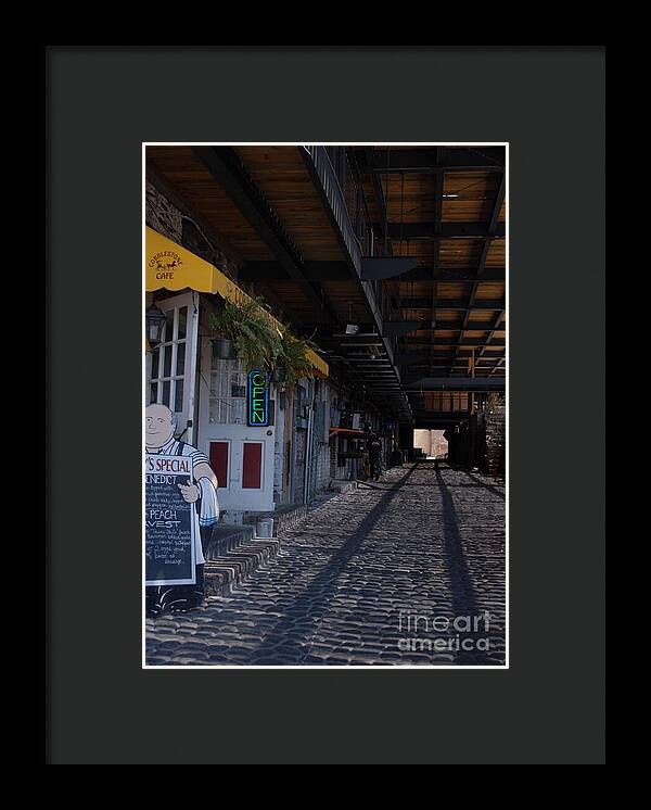 Cobblestone Cafe Exterior in Alley - Framed Print