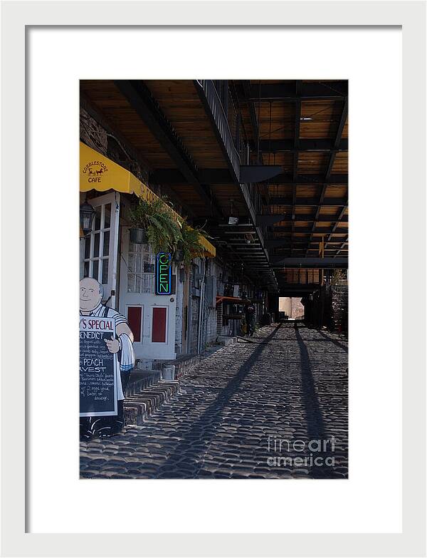 Cobblestone Cafe Exterior in Alley - Framed Print