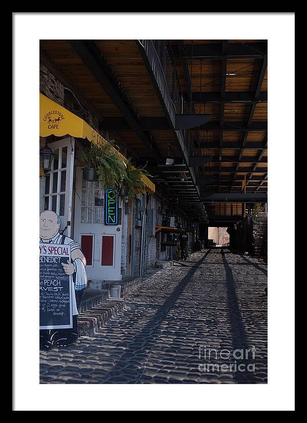 Cobblestone Cafe Exterior in Alley - Framed Print