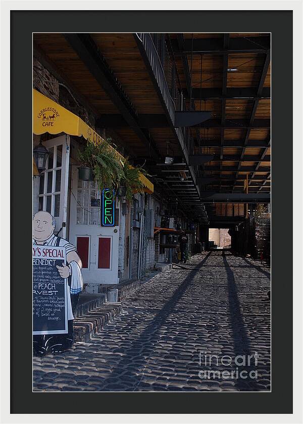 Cobblestone Cafe Exterior in Alley - Framed Print