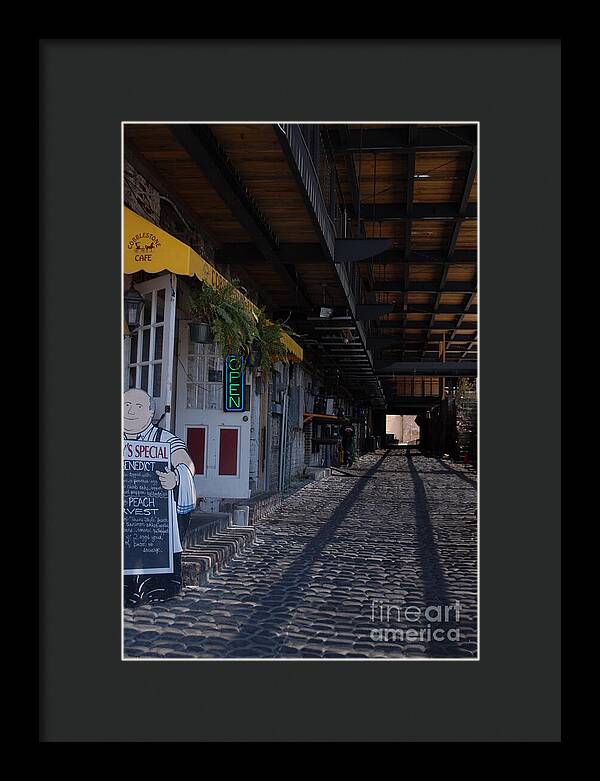 Cobblestone Cafe Exterior in Alley - Framed Print