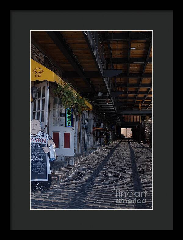 Cobblestone Cafe Exterior in Alley - Framed Print