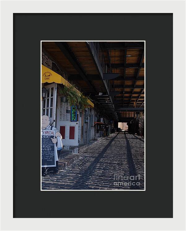 Cobblestone Cafe Exterior in Alley - Framed Print