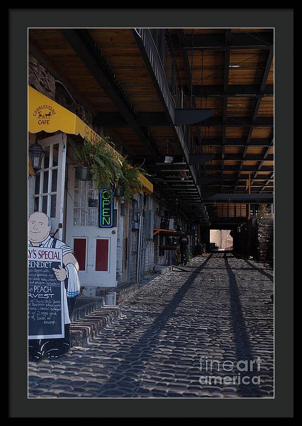 Cobblestone Cafe Exterior in Alley - Framed Print