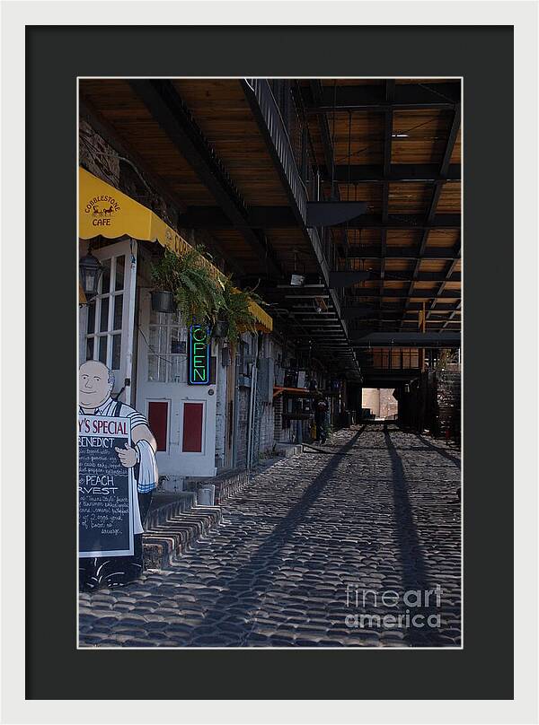 Cobblestone Cafe Exterior in Alley - Framed Print