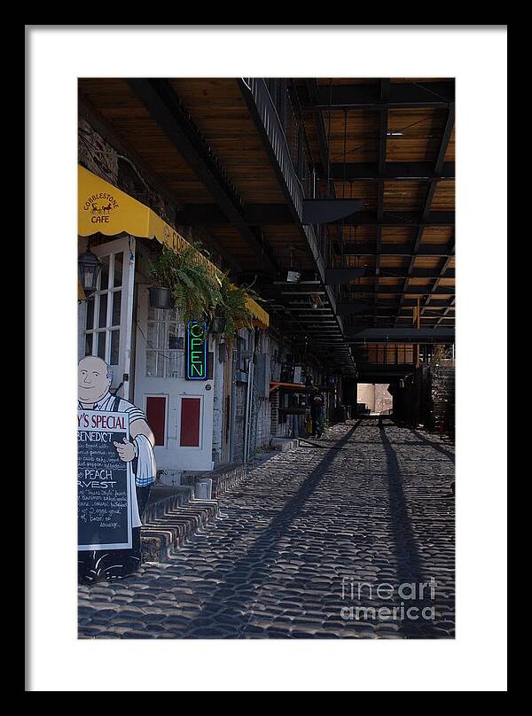 Cobblestone Cafe Exterior in Alley - Framed Print