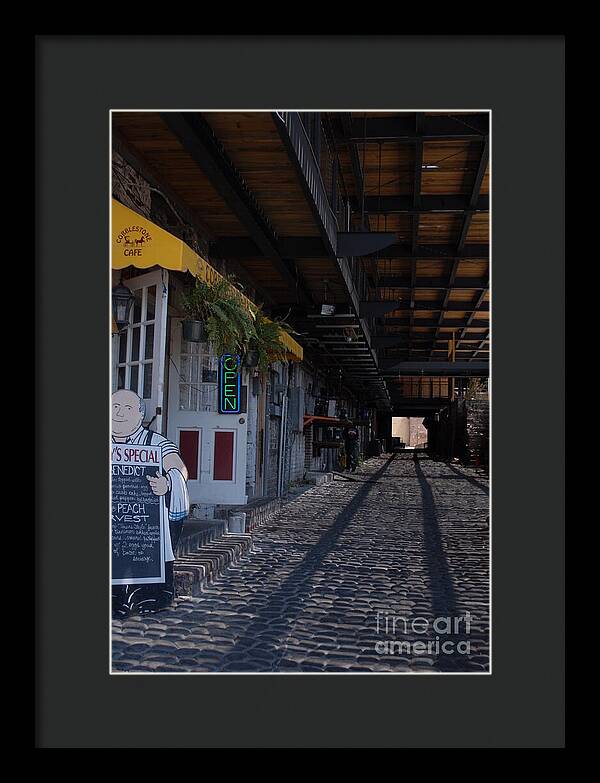 Cobblestone Cafe Exterior in Alley - Framed Print