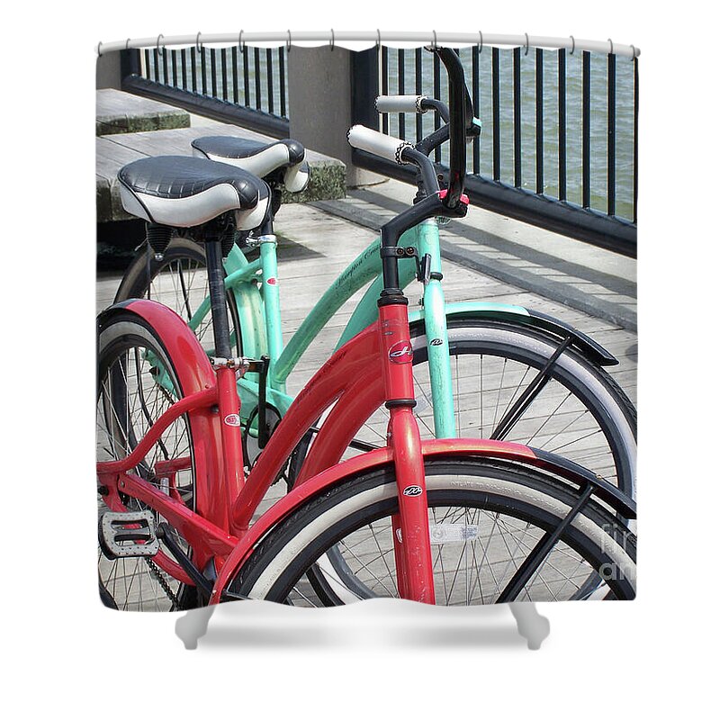 Colorful Bicycles on a Boardwalk - Shower Curtain