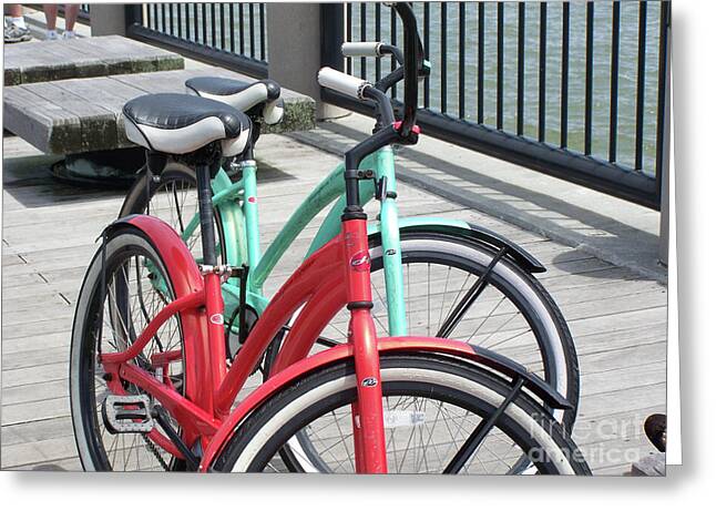 Colorful Bicycles on a Boardwalk - Greeting Card