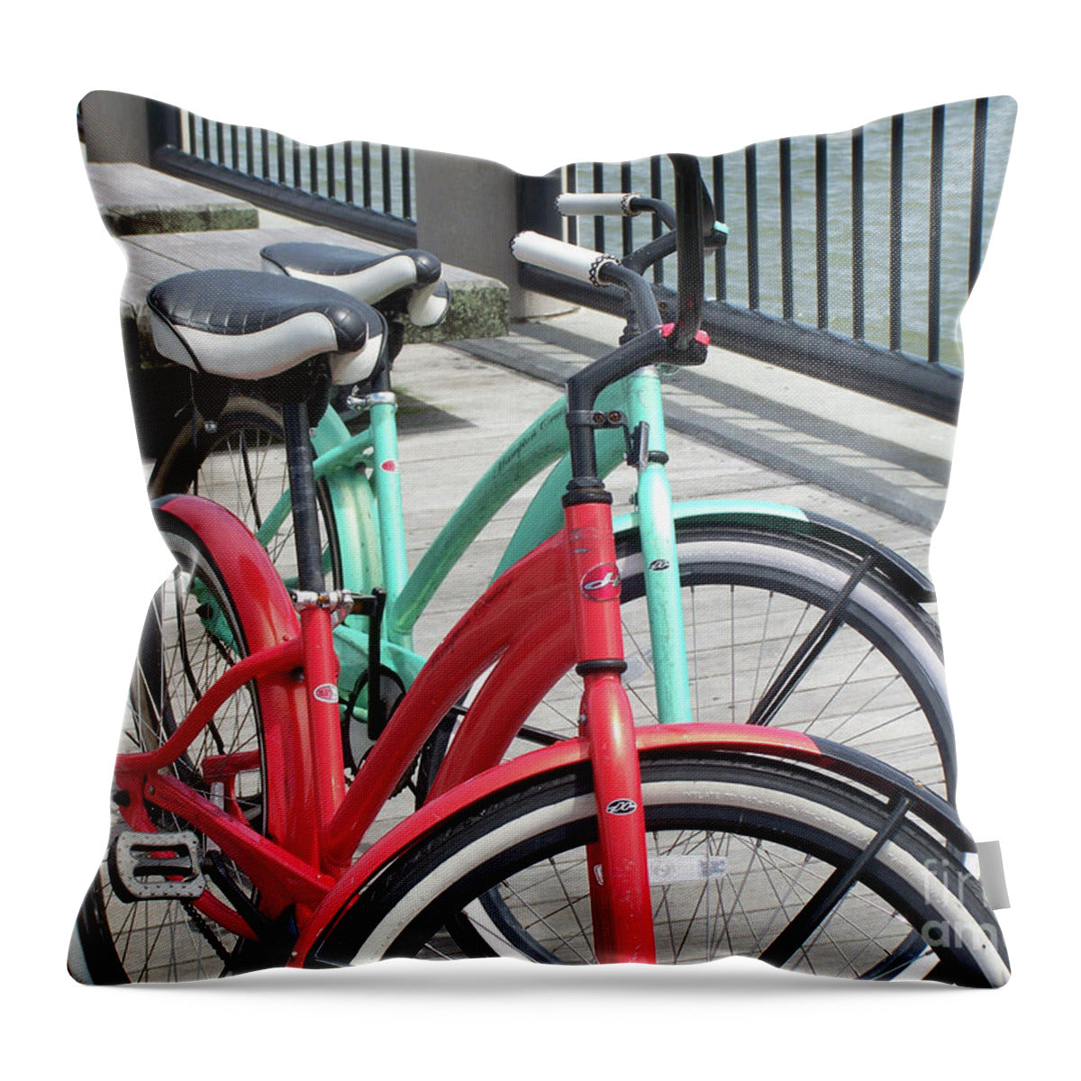 Colorful Bicycles on a Boardwalk - Throw Pillow