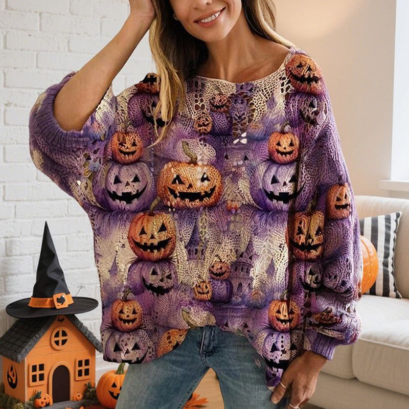Women's Pumpkin Halloween Print Batwing Sleeve Top with Diamond Cutouts – Loose Fit Blouse for Spring Summer