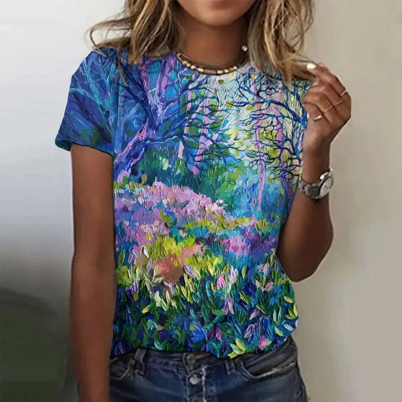 Trees Flowers Pattern T Shirt For Women Ocean Sun 3D Printed Short Sleeves Tees Summer Casual Loose T-Shirts Street O-Neck Tops