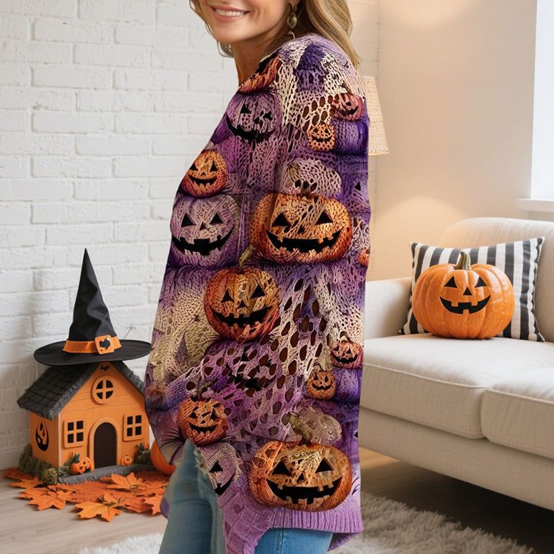 Women's Pumpkin Halloween Print Batwing Sleeve Top with Diamond Cutouts – Loose Fit Blouse for Spring Summer