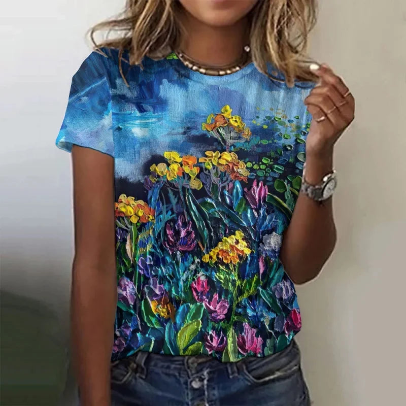 Trees Flowers Pattern T Shirt For Women Ocean Sun 3D Printed Short Sleeves Tees Summer Casual Loose T-Shirts Street O-Neck Tops