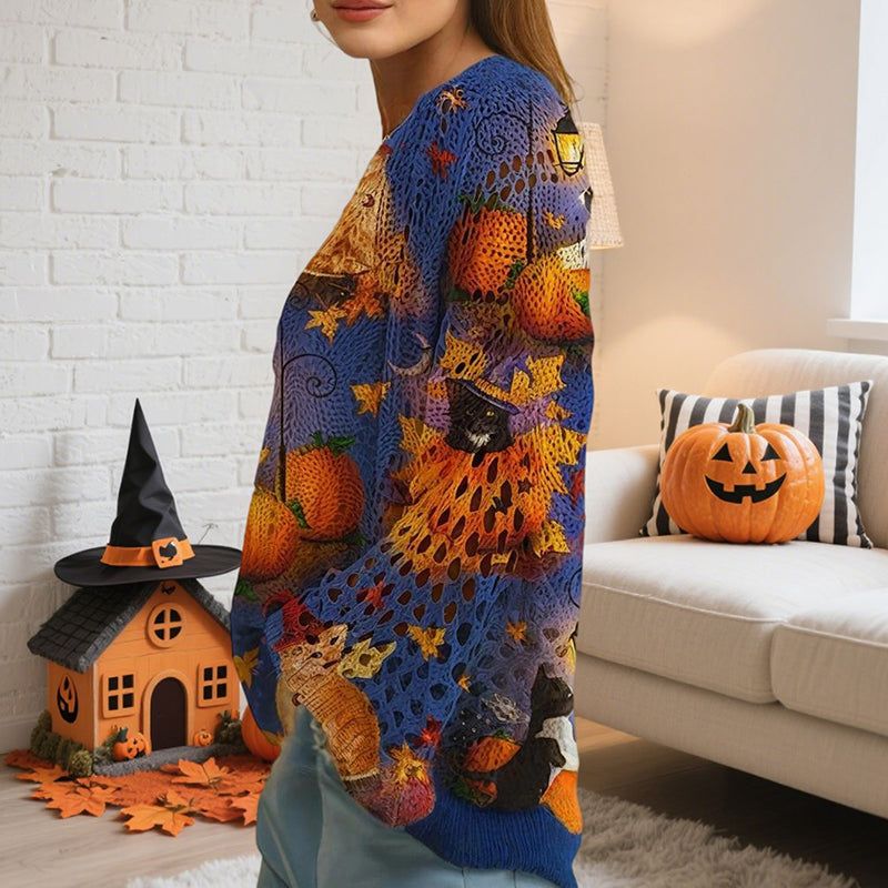 Women's Pumpkin Halloween Print Batwing Sleeve Top with Diamond Cutouts – Loose Fit Blouse for Spring Summer
