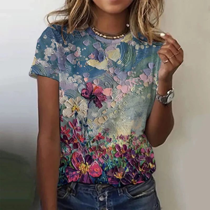 Trees Flowers Pattern T Shirt For Women Ocean Sun 3D Printed Short Sleeves Tees Summer Casual Loose T-Shirts Street O-Neck Tops