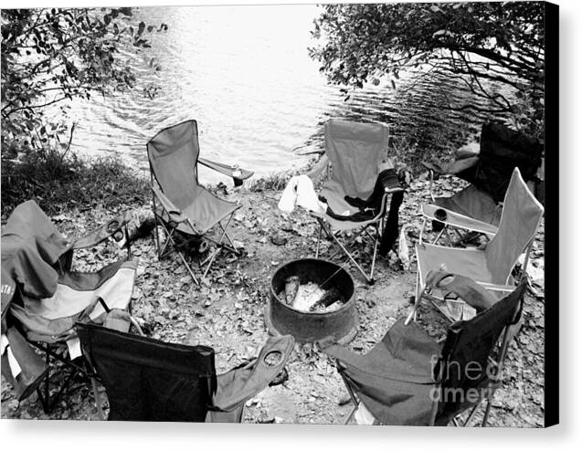 Empty Camp Chairs by the Lake - Canvas Print
