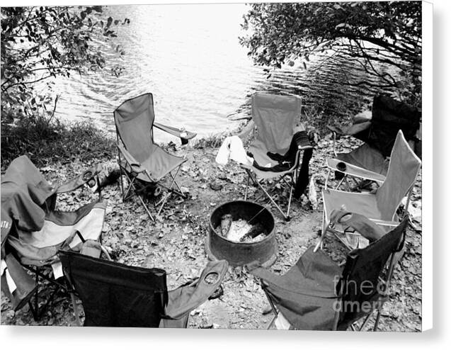 Empty Camp Chairs by the Lake - Canvas Print
