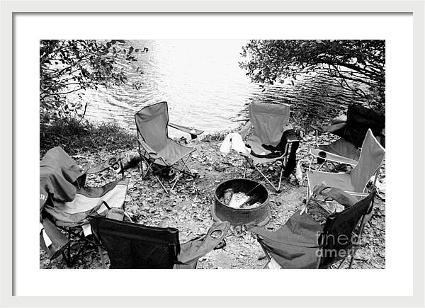 Empty Camp Chairs by the Lake - Framed Print