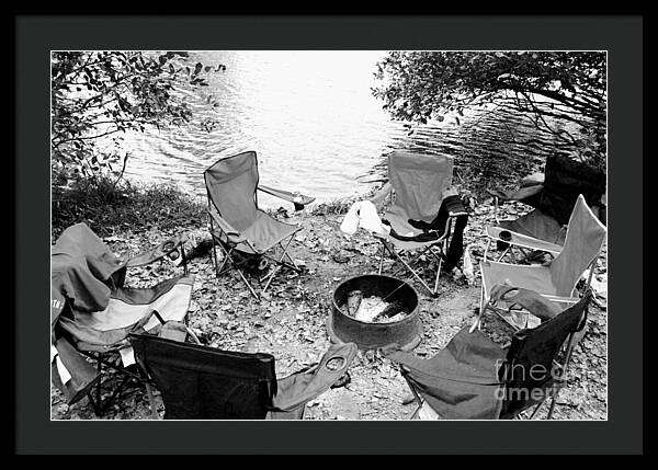 Empty Camp Chairs by the Lake - Framed Print