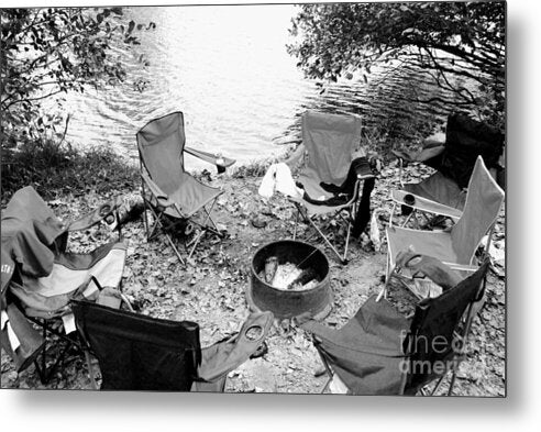 Empty Camp Chairs by the Lake - Metal Print