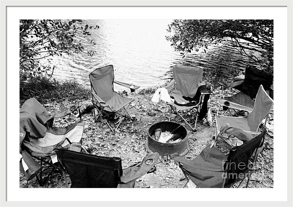 Empty Camp Chairs by the Lake - Framed Print