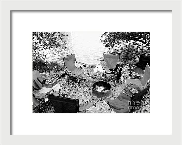Empty Camp Chairs by the Lake - Framed Print
