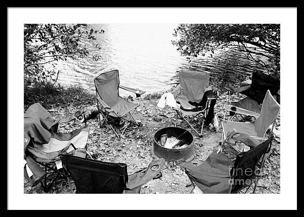 Empty Camp Chairs by the Lake - Framed Print