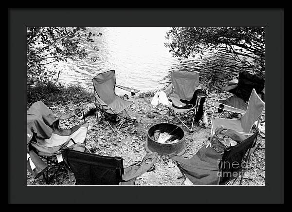 Empty Camp Chairs by the Lake - Framed Print