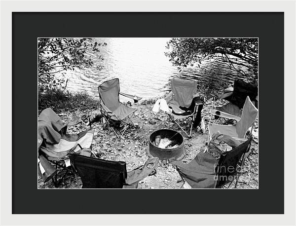 Empty Camp Chairs by the Lake - Framed Print