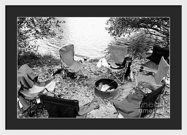 Empty Camp Chairs by the Lake - Framed Print