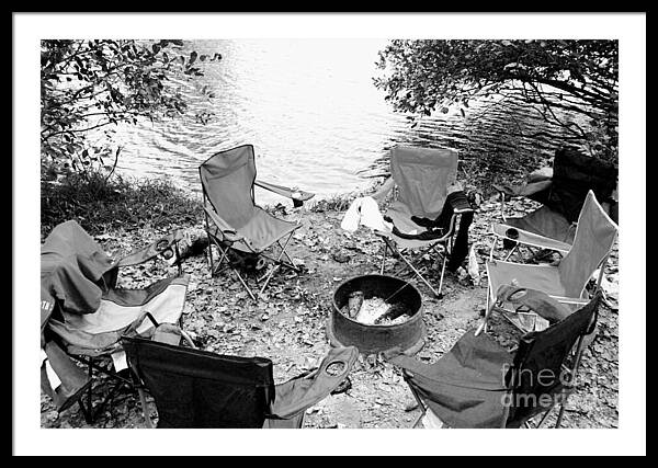 Empty Camp Chairs by the Lake - Framed Print
