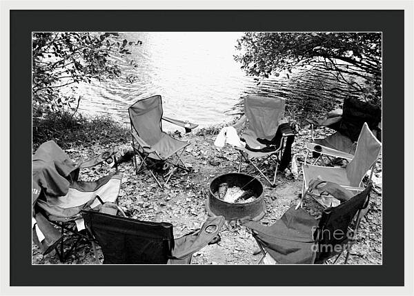 Empty Camp Chairs by the Lake - Framed Print