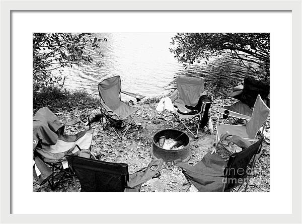 Empty Camp Chairs by the Lake - Framed Print