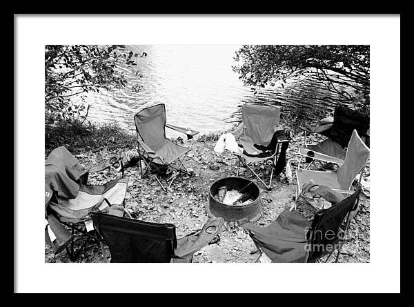 Empty Camp Chairs by the Lake - Framed Print