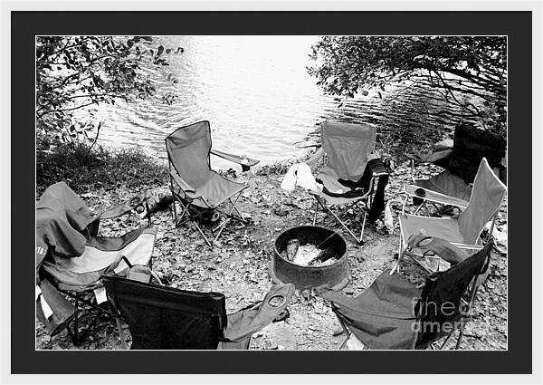 Empty Camp Chairs by the Lake - Framed Print