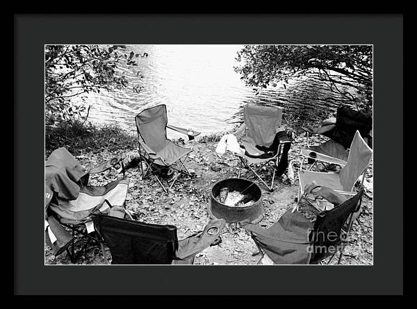 Empty Camp Chairs by the Lake - Framed Print
