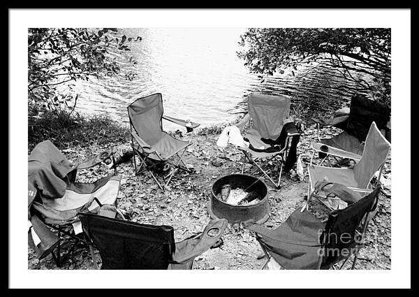 Empty Camp Chairs by the Lake - Framed Print