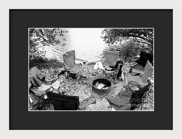 Empty Camp Chairs by the Lake - Framed Print