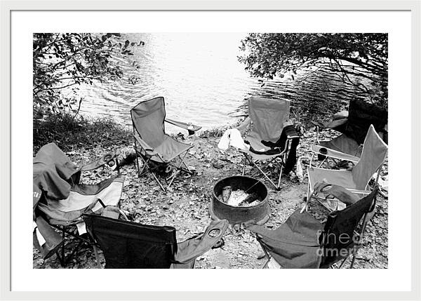 Empty Camp Chairs by the Lake - Framed Print