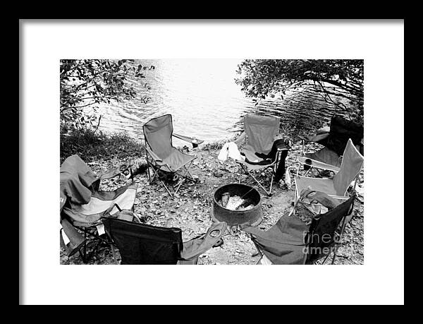 Empty Camp Chairs by the Lake - Framed Print