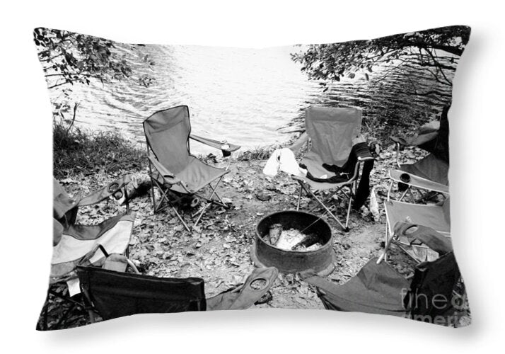 Empty Camp Chairs by the Lake - Throw Pillow