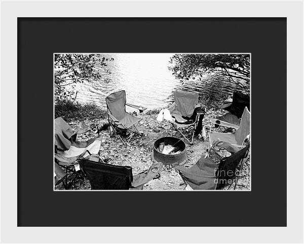 Empty Camp Chairs by the Lake - Framed Print