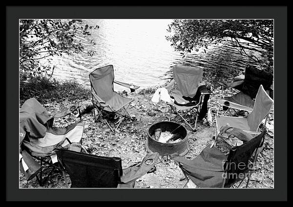 Empty Camp Chairs by the Lake - Framed Print