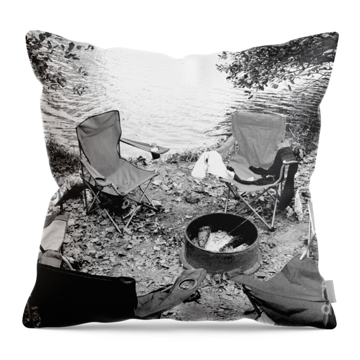 Empty Camp Chairs by the Lake - Throw Pillow