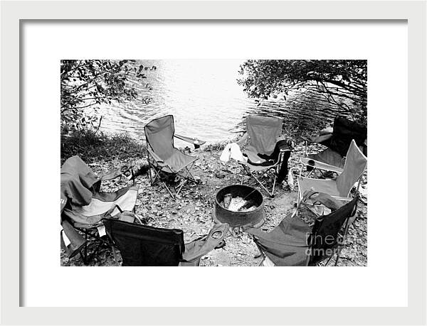 Empty Camp Chairs by the Lake - Framed Print