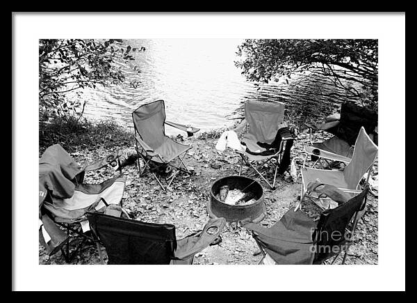 Empty Camp Chairs by the Lake - Framed Print